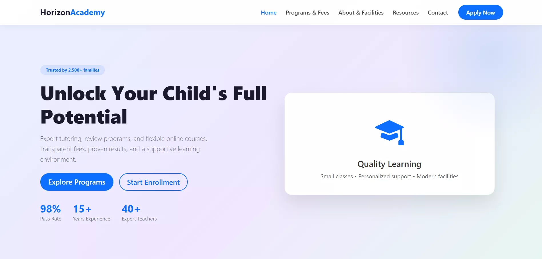 Horizon Academy tutoring and review center website screenshot